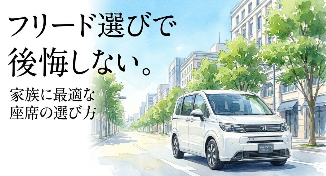 ホンダ・フリードの座席選びを解説する導入スライド。フリードのイラストと「フリード選びで後悔しない。家族に最適な座席の選び方」というタイトルを掲載