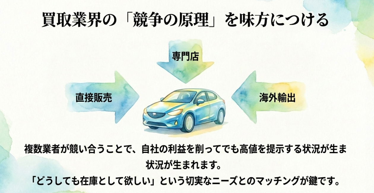 買取業界の競争原理。直接販売、専門店、海外輸出など、複数業者が競い合うことで高値が生まれる仕組みの解説