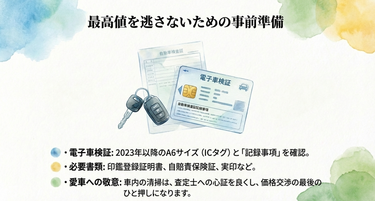 電子車検証や印鑑証明書などの必要書類と、査定額アップのための車内清掃の重要性についてのチェックリスト