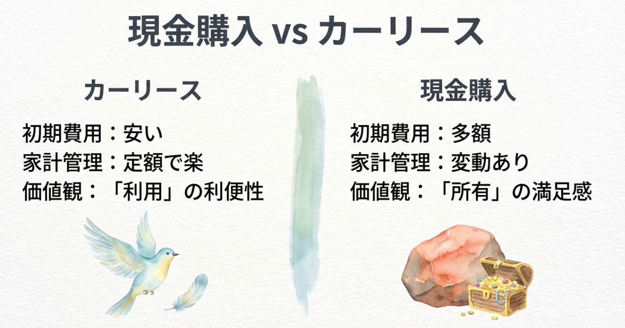 カーリース（利用の利便性・定額）と現金購入（所有の満足感・初期費用多額）の価値観と家計管理の比較表。