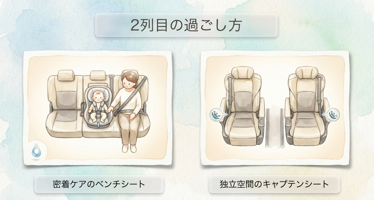2列目シートの使い方比較スライド。ベンチシートでチャイルドシートの隣に大人が座る使い方と、独立したキャプテンシートの違いを示している
