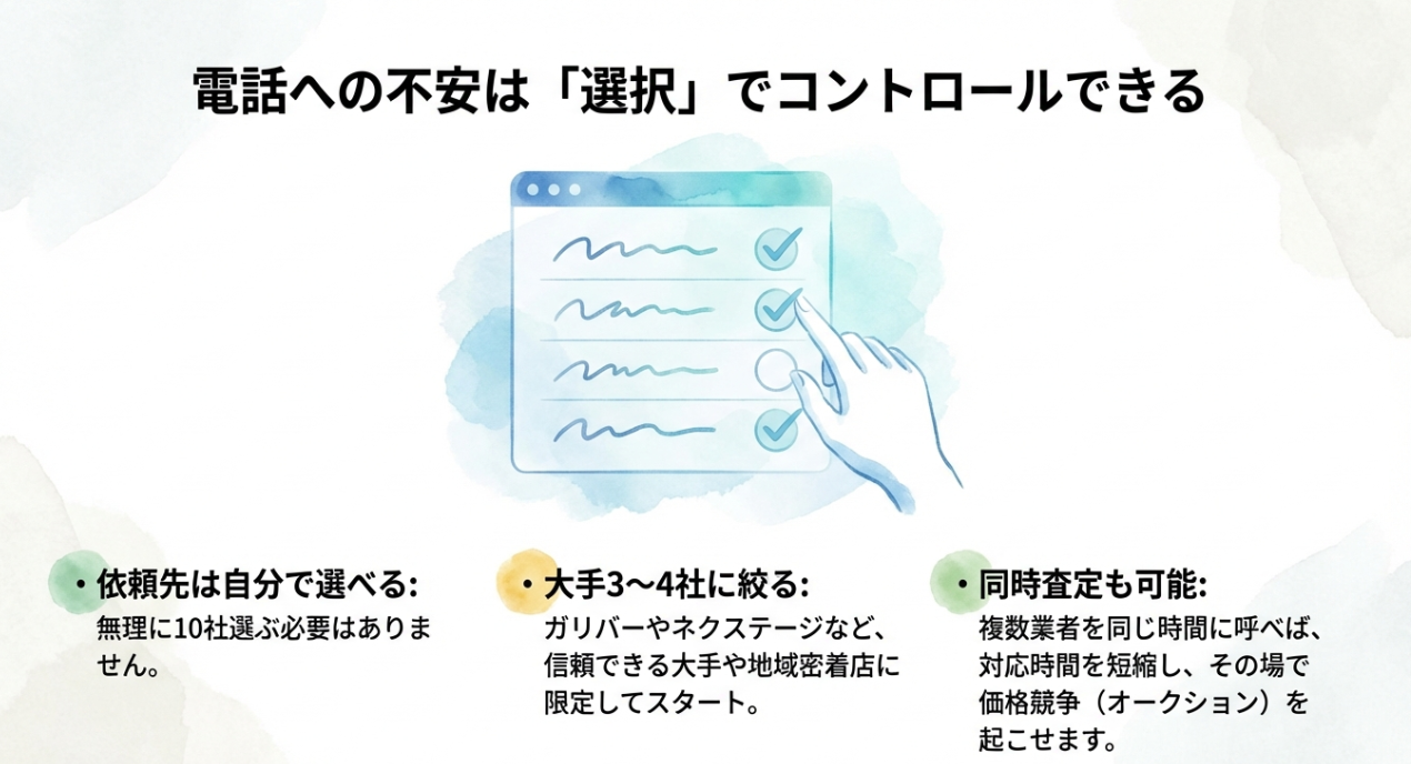 依頼先を大手3〜4社に絞ることで電話をコントロールする方法と、複数業者を同じ時間に呼ぶ同時査定の解説