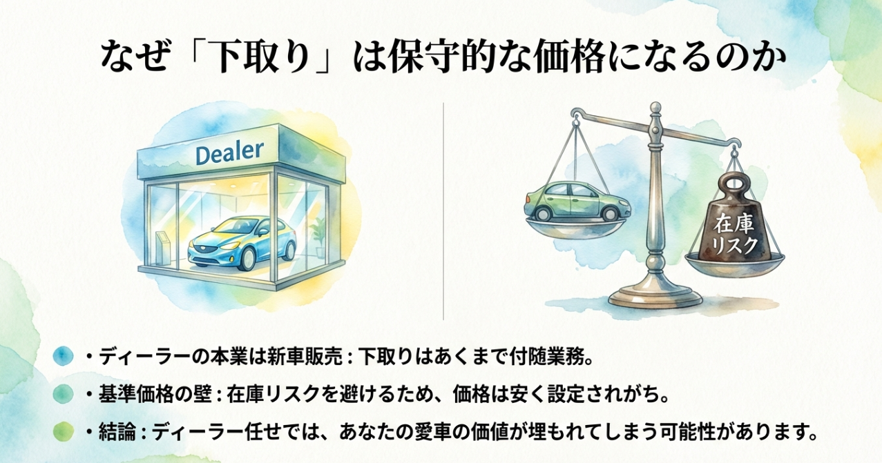 ディーラーの下取り価格が保守的になる理由。新車販売が本業であり、在庫リスクを避けるため基準価格が低く設定されがちな仕組みの図解