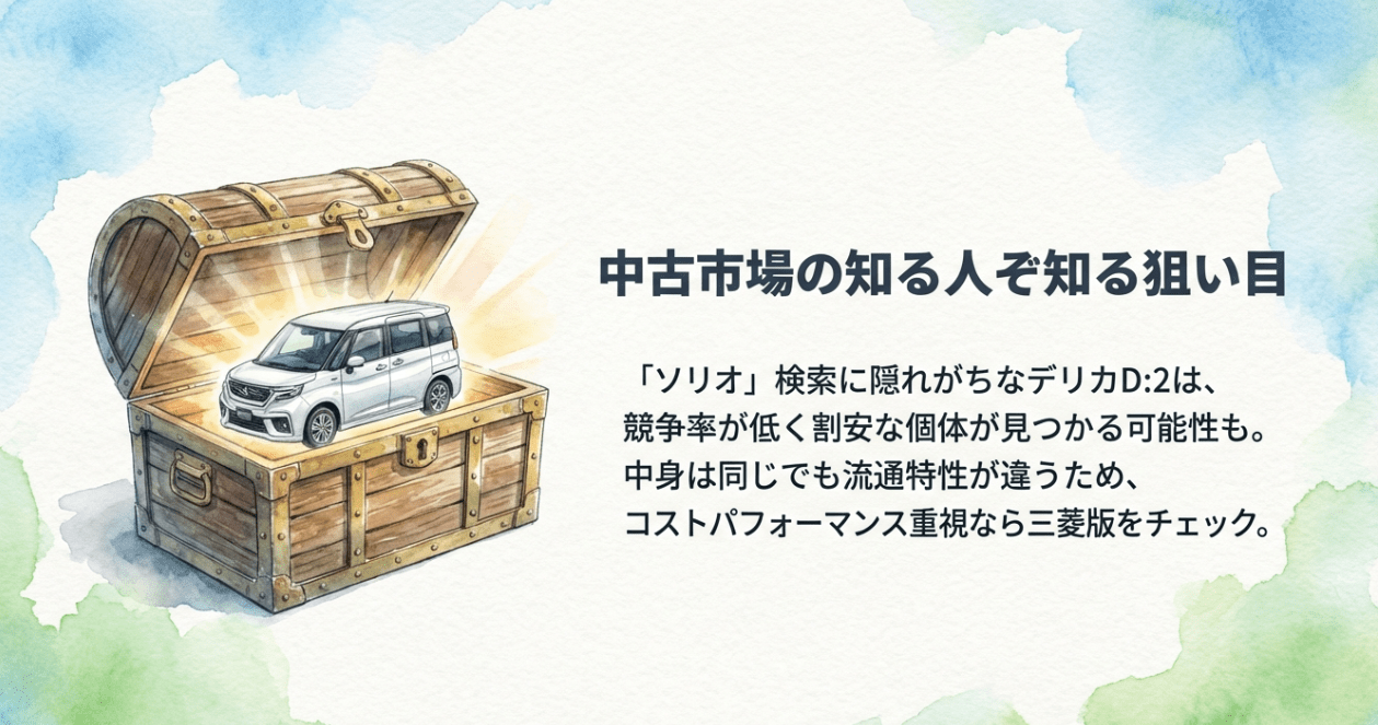 中古車市場で流通量が少なく割安な個体が見つかりやすいデリカD:2の狙い目を解説するスライド