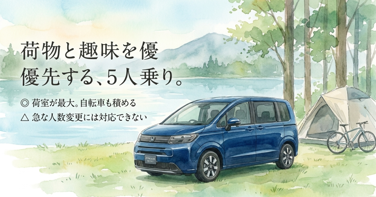 ホンダ・フリード5人乗りの特徴を紹介するスライド。最大級の荷室や自転車積載のしやすさと、急な多人数乗車には対応しにくい点を説明