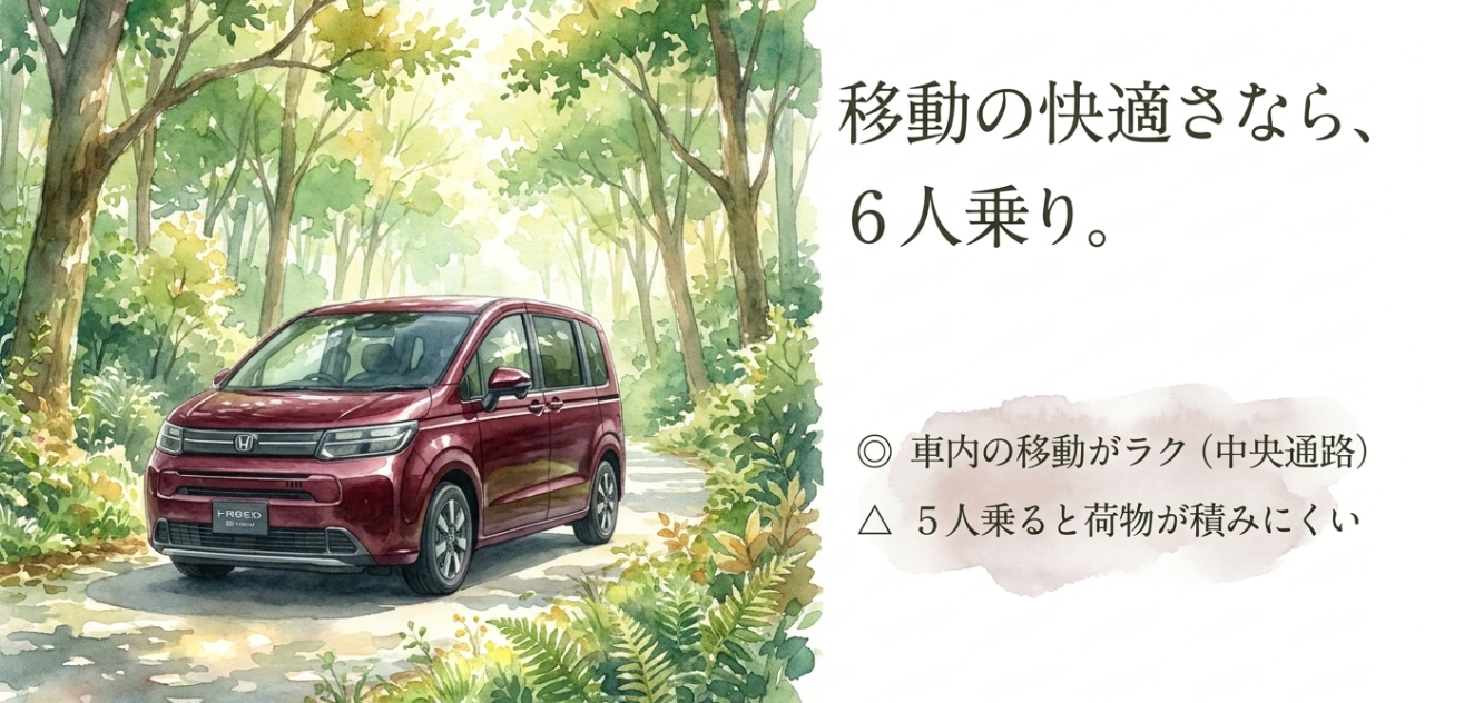 ホンダ・フリード6人乗りの特徴を説明するスライド。中央通路で車内移動がしやすい利点と、5人乗車時は荷物が積みにくくなる注意点を紹介