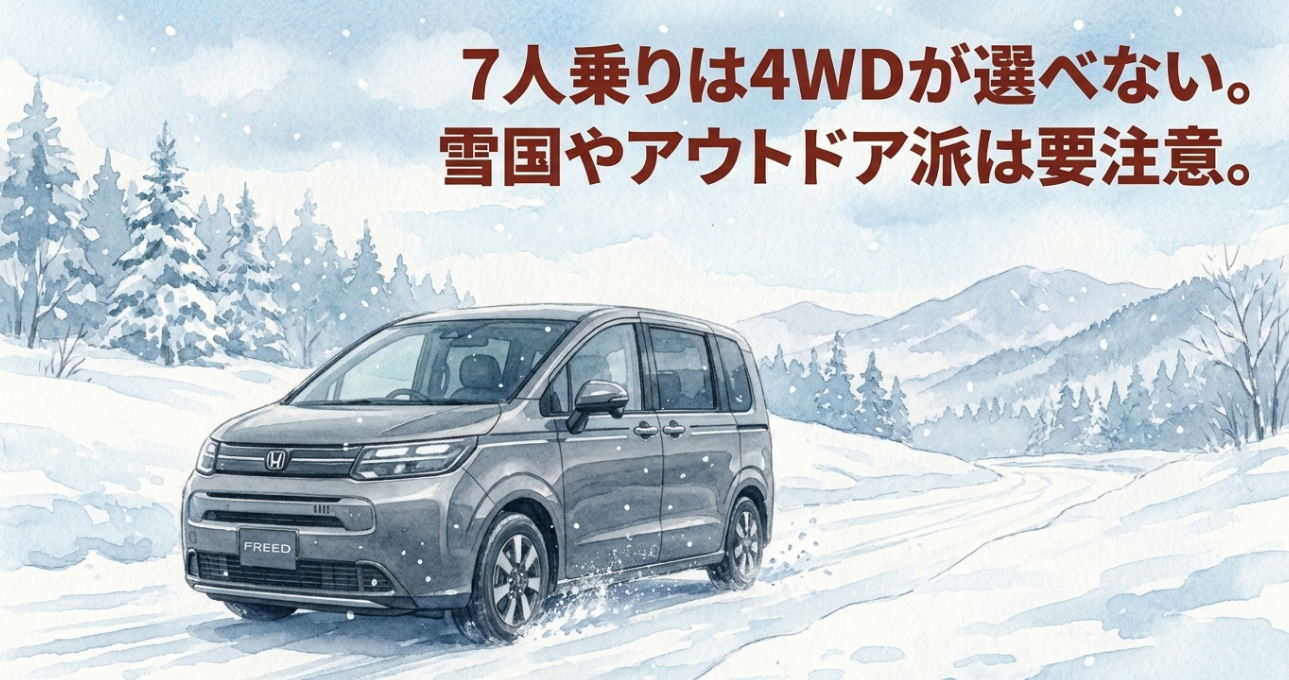 フリード7人乗りは4WDを選べないため雪国やアウトドア用途では注意が必要であることを示す画像