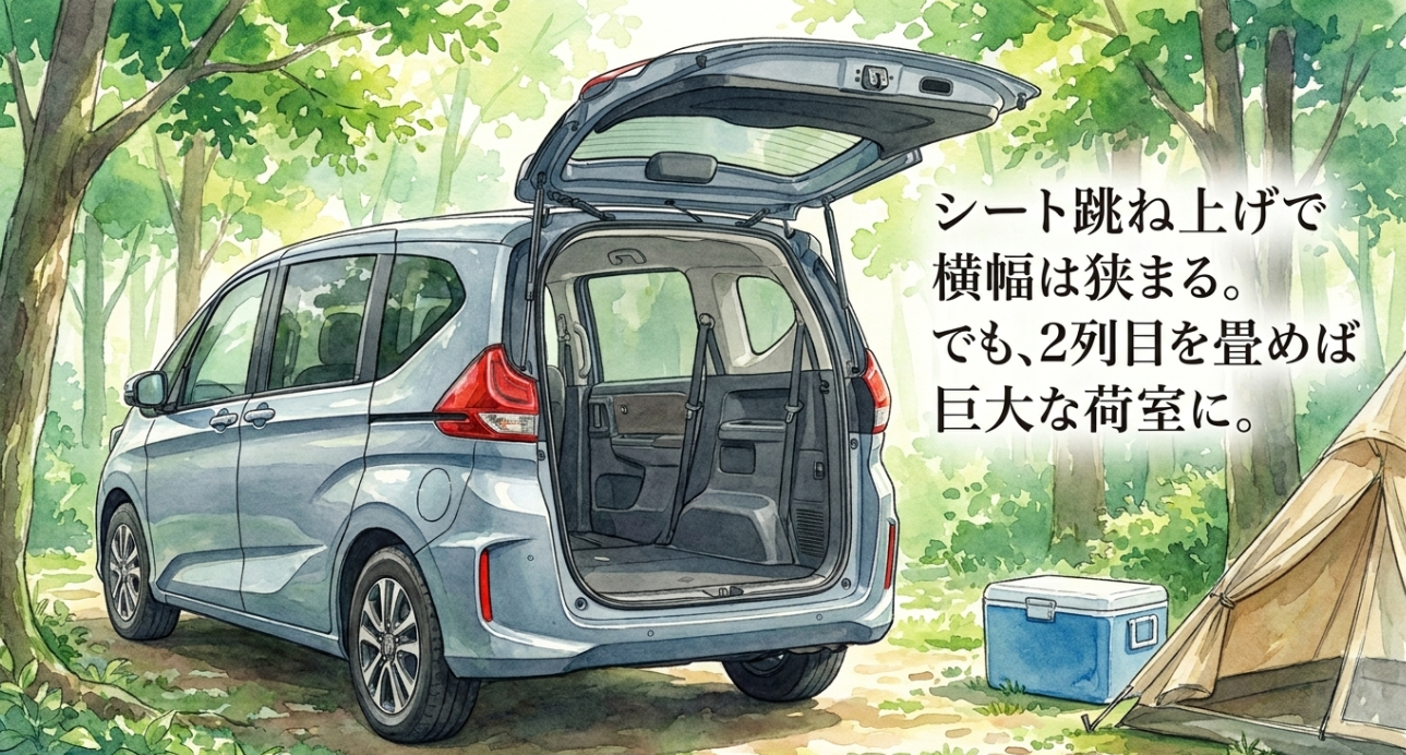 フリード7人乗りの3列目跳ね上げ格納で荷室の横幅が狭まる一方、2列目を畳むと大きな荷室になることを示す画像