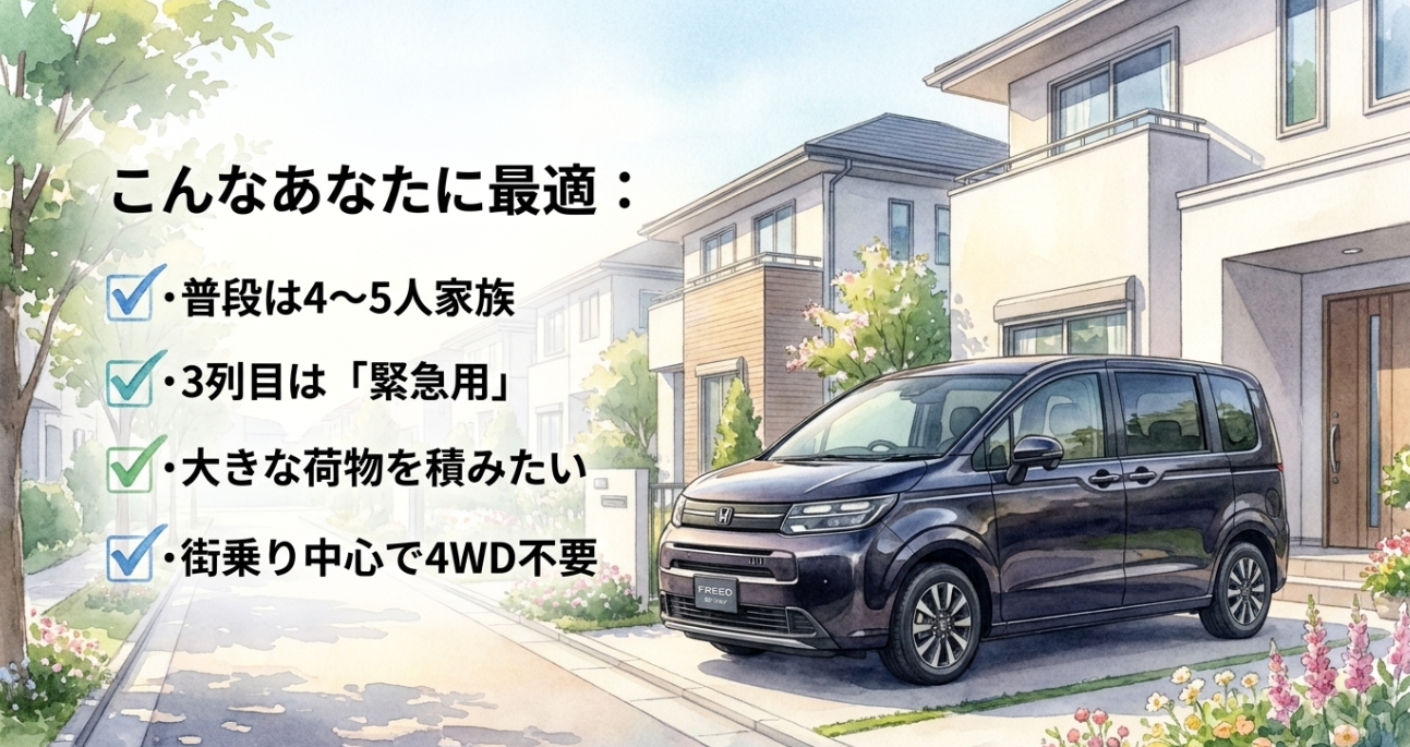 フリード7人乗りが向いている人の特徴として4〜5人家族や3列目を緊急用に使う人を示すチェックリスト画像