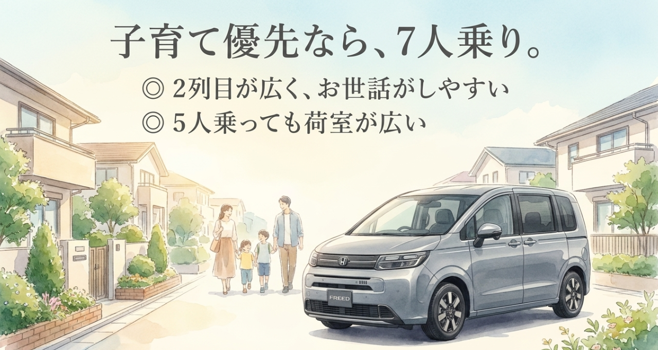 ホンダ・フリード7人乗りの子育て向きポイントをまとめたスライド。2列目が広く世話しやすいことや、5人乗車時も荷室を確保しやすい特徴を説明
