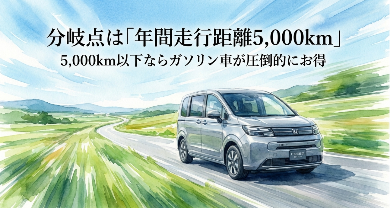 フリードは年間走行距離5000km以下ならガソリン車が得になりやすいことを示すスライド