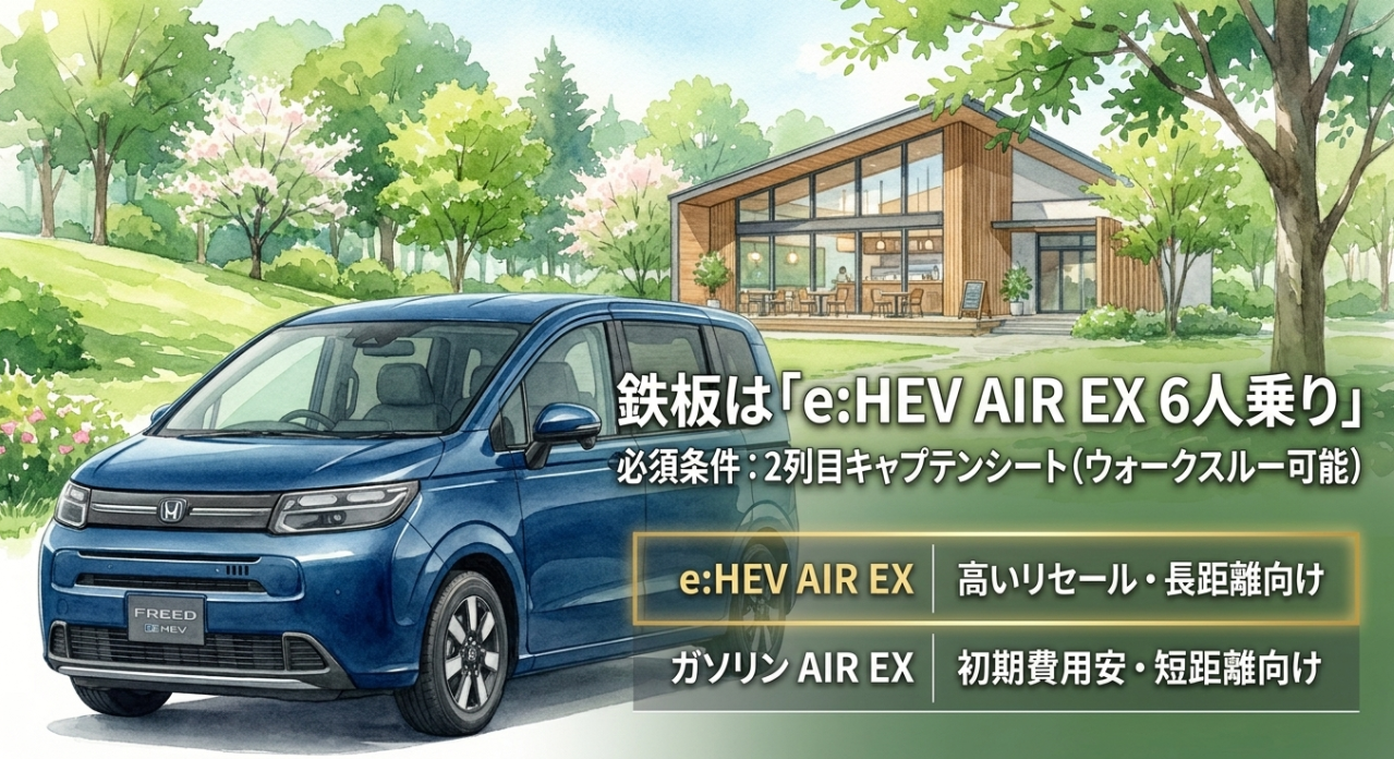 フリードでリセール重視ならeHEV AIR EX 6人乗りが有力であることを示したスライド
