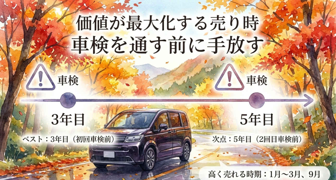 フリードを高く売る時期として3年目と5年目の車検前を示したスライド