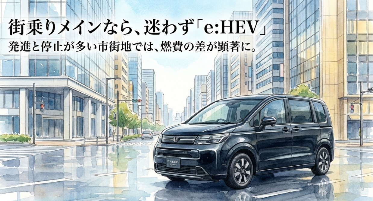 街乗り中心ならフリードe:HEVが燃費面で有利なことを示すスライド