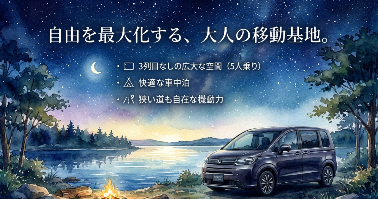 星空の下でフリードが大人の移動基地として趣味や車中泊に活躍することを表すスライド