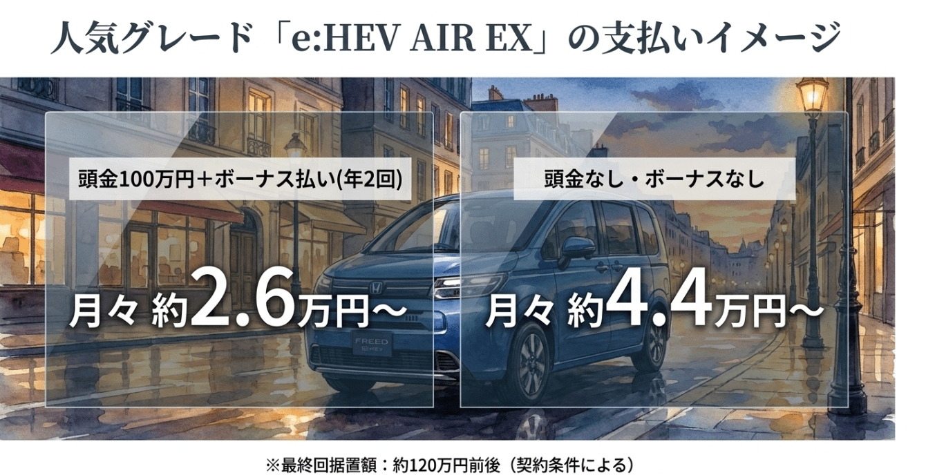 フリード e:HEV AIR EXの残クレ支払いイメージ。頭金100万円とボーナス払いありで月々約2.6万円、頭金なしで月々約4.4万円