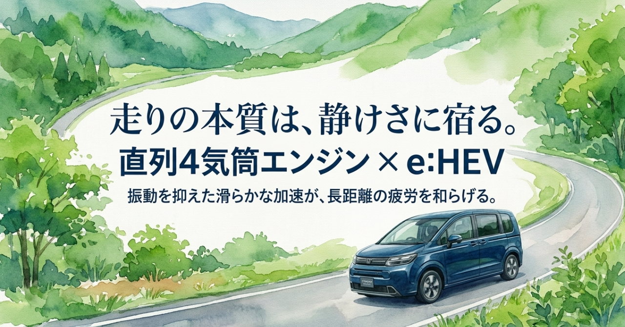 直列4気筒エンジンとeHEVによる静かで滑らかな走りを訴求するフリードのスライド