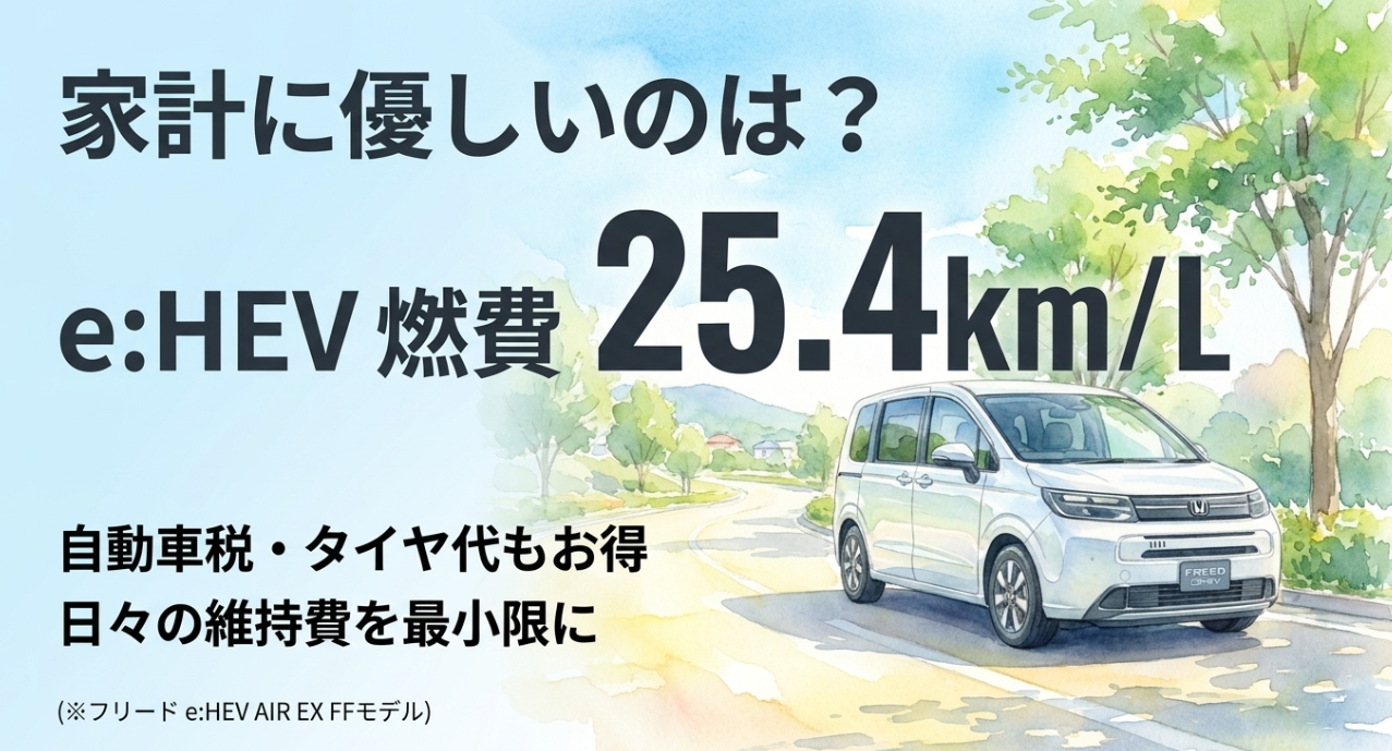 フリードe:HEVの燃費25.4km/Lと家計に優しい維持費を紹介するスライド