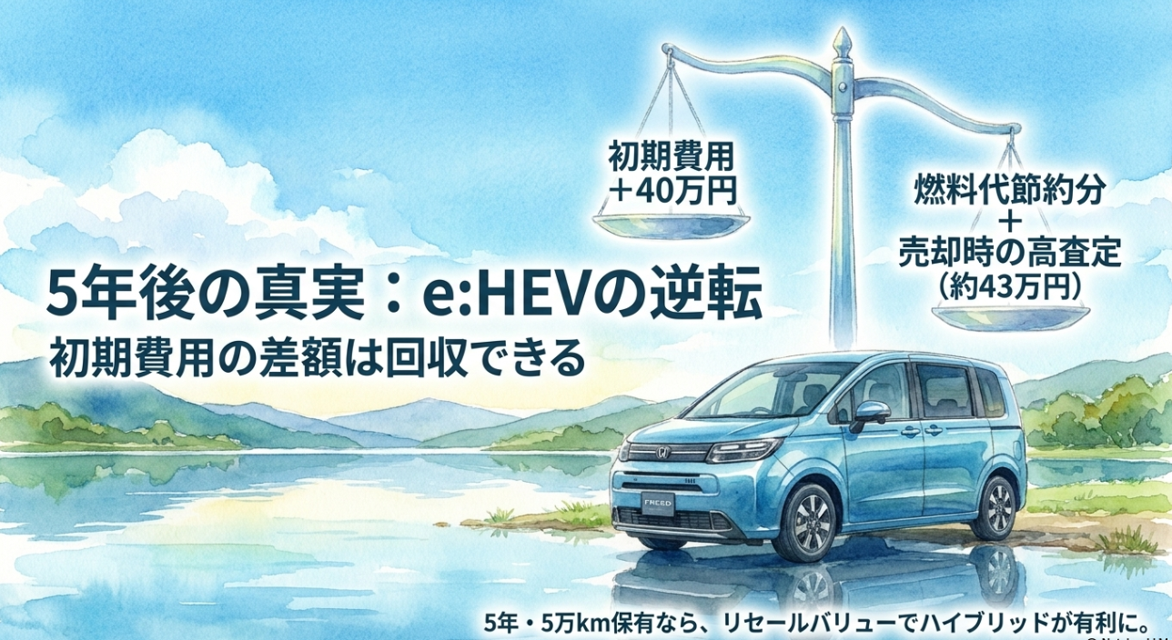 フリードeHEVの初期費用差を燃料代節約と売却時査定で回収できる可能性を示したスライド