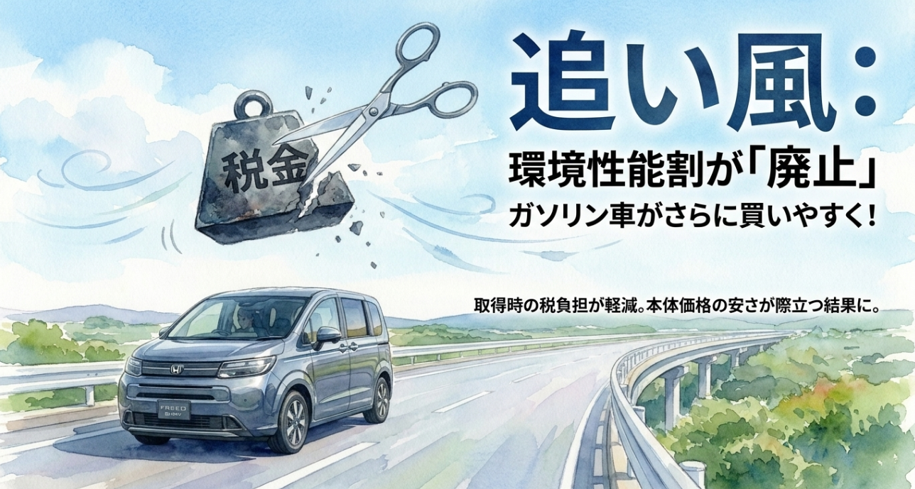 フリード購入時の環境性能割廃止によりガソリン車が買いやすくなることを解説したスライド