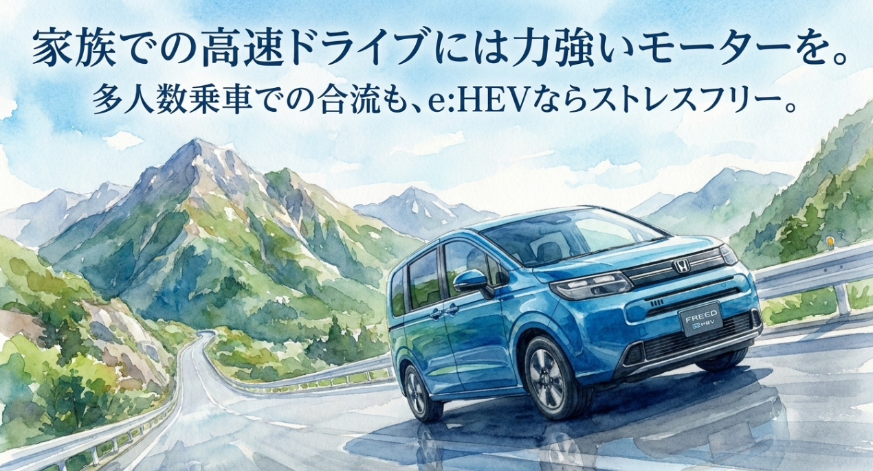 家族での高速ドライブや多人数乗車ではフリードe:HEVの力強いモーターが有利なことを示すスライド