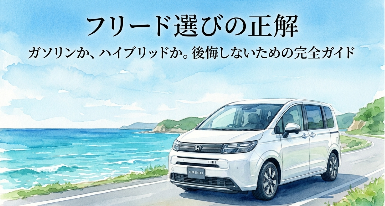フリードのガソリン車とハイブリッド車の選び方を解説するアイキャッチスライド