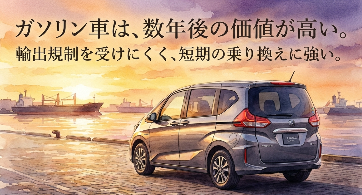 フリードのガソリン車は数年後のリセール価値を維持しやすいことを示すスライド