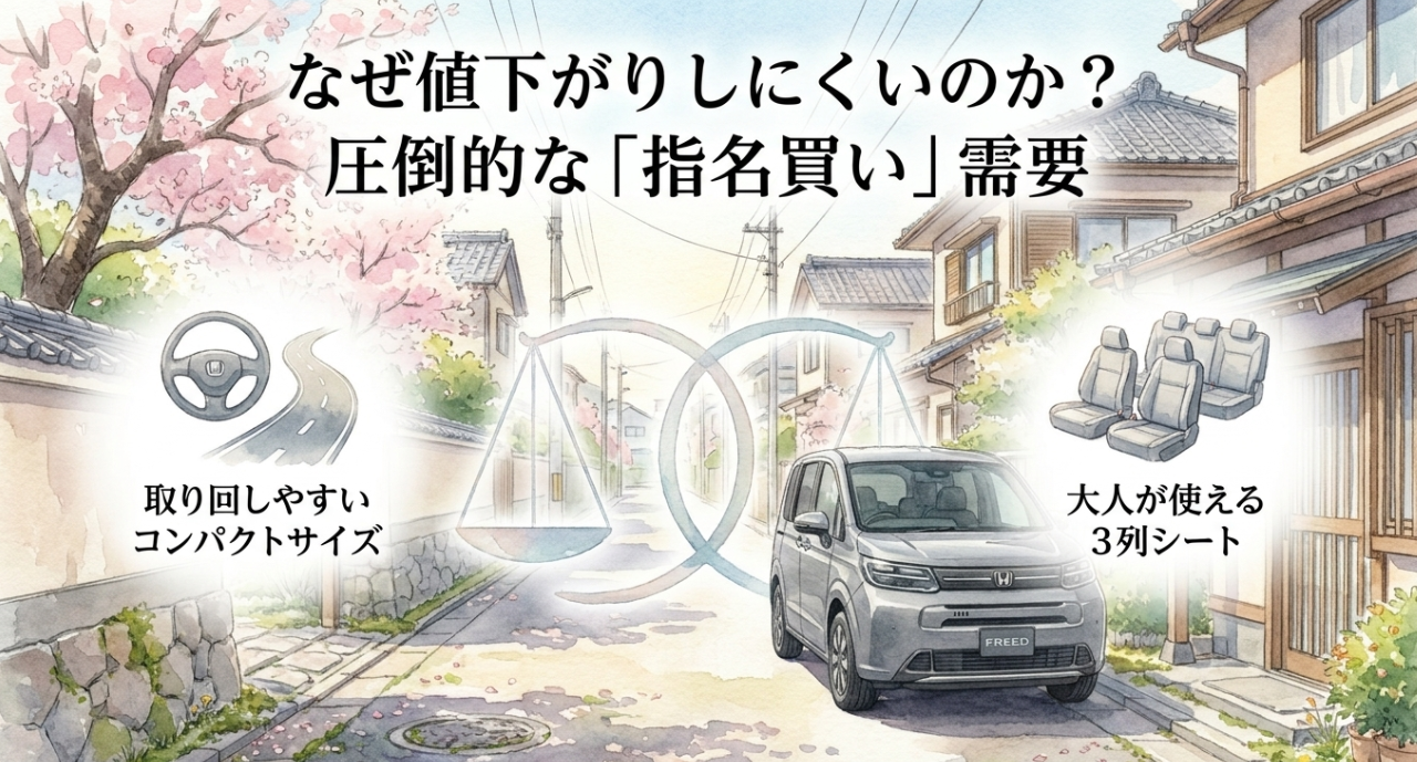 フリードが値下がりしにくい理由として取り回しやすさと3列シート需要を示したスライド