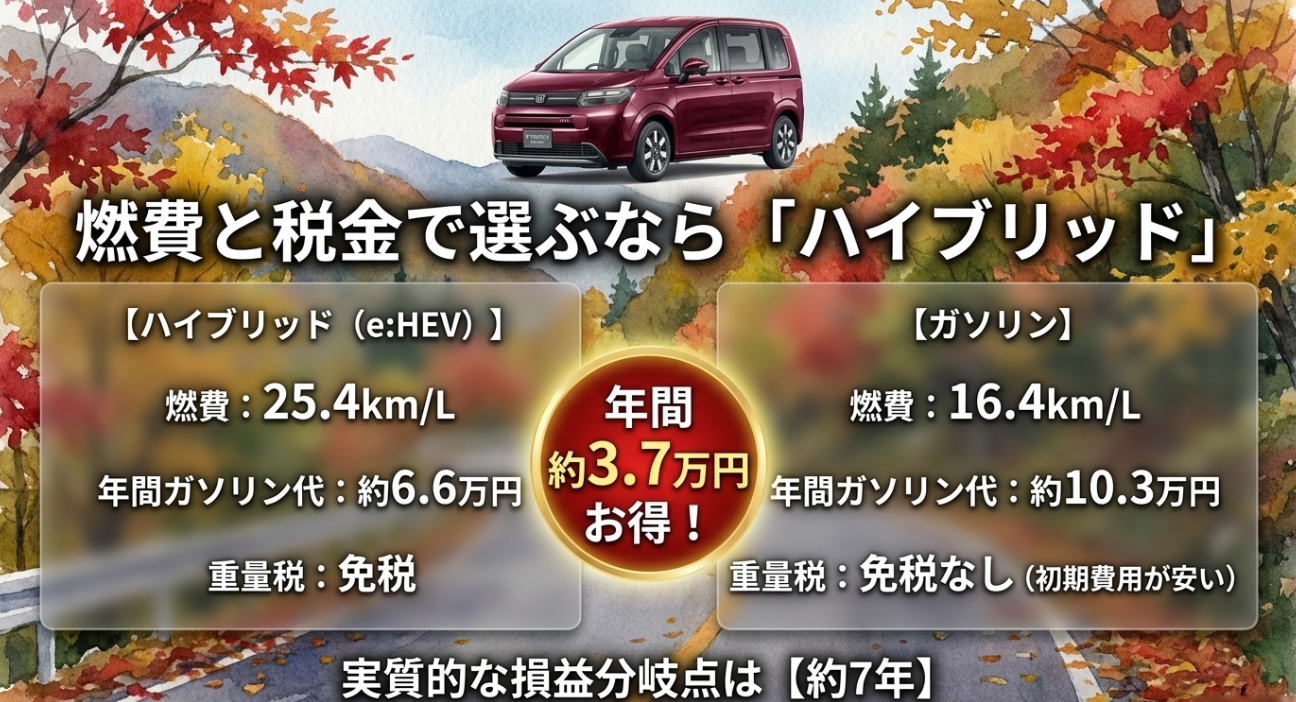 フリードのハイブリッドとガソリン車の燃費や年間ガソリン代を比較した画像