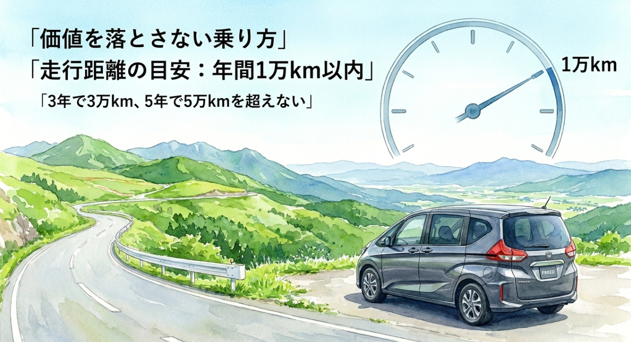 フリードの価値を落とさない走行距離の目安として年間1万km以内を示したスライド