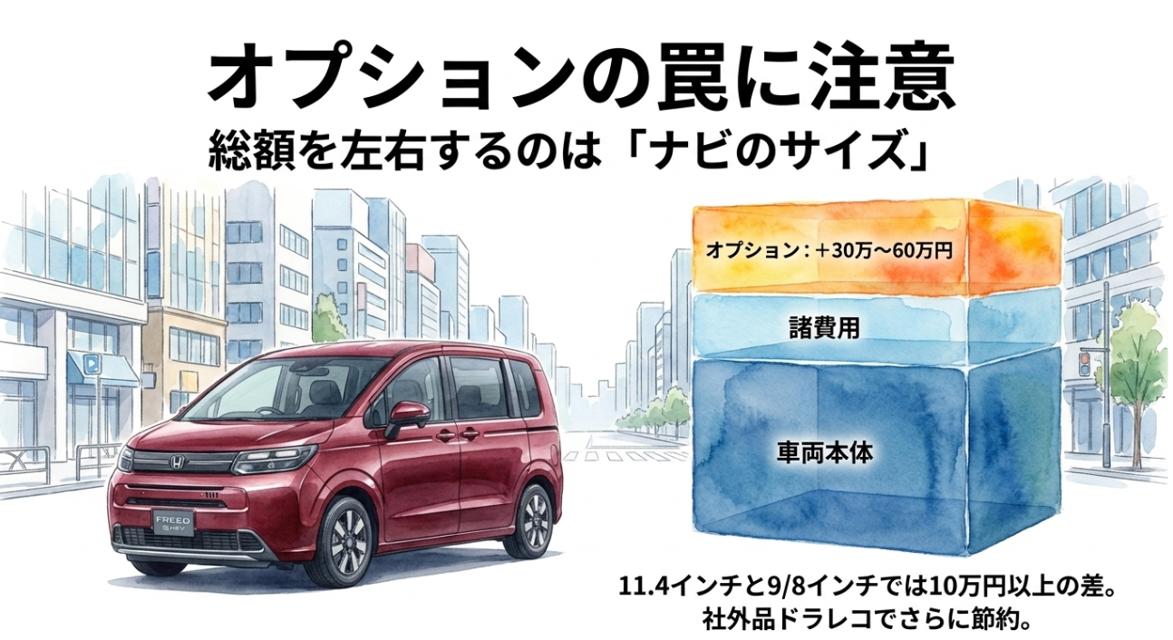フリードの乗り出し価格を左右するナビサイズやオプション費用の注意点を示したスライド