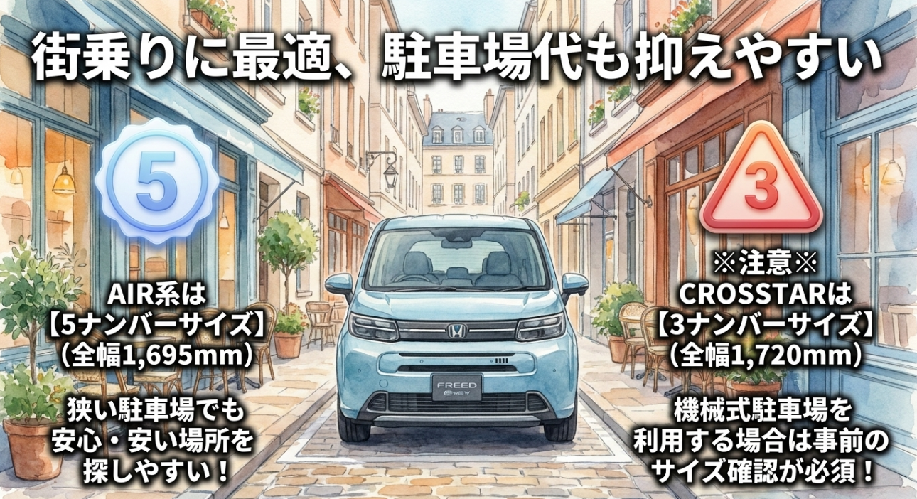 フリードAIR系とCROSSTARの車幅や駐車場サイズの注意点を解説する画像