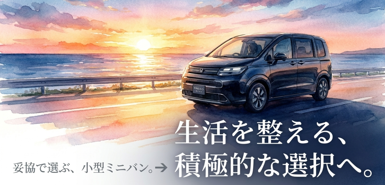 夕暮れの海沿いを走るフリードと、妥協ではなく積極的な選択であることを伝えるスライド
