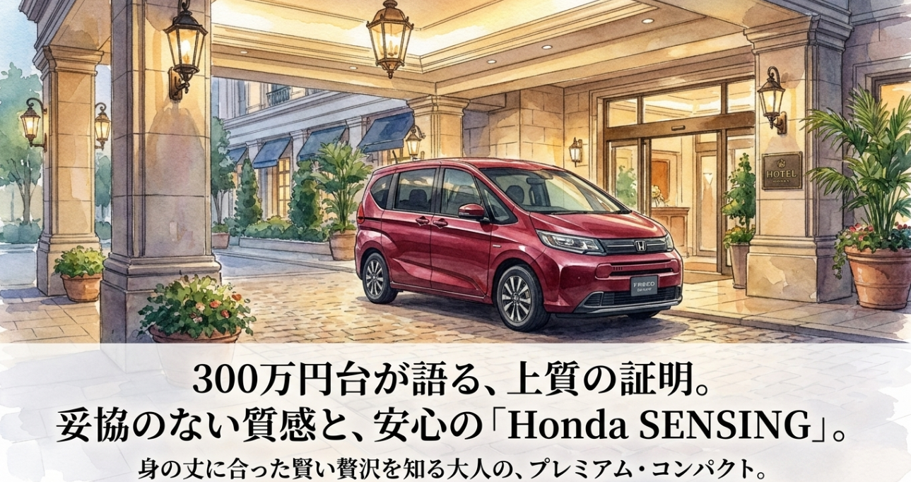300万円台のフリードが上質さとHonda SENSINGによる安心感を備えた選択肢であることを示すスライド