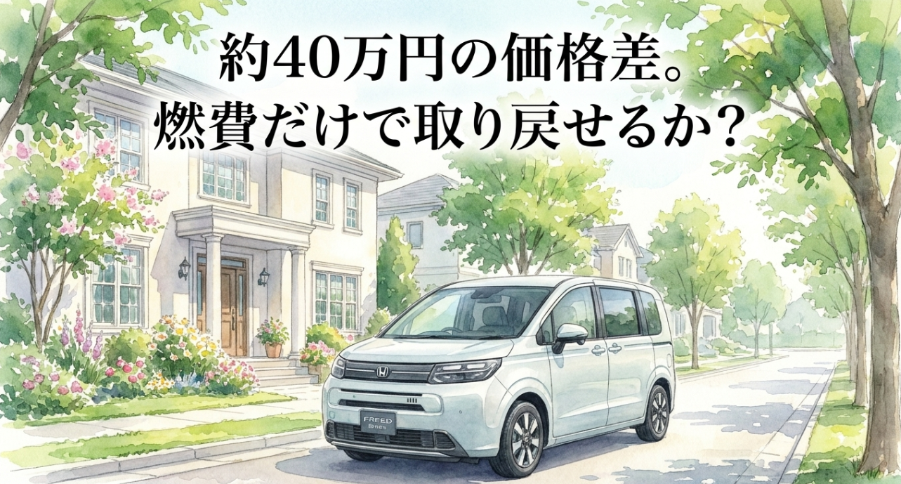 フリードのガソリン車とe:HEVの約40万円の価格差を燃費で取り戻せるかを示すスライド