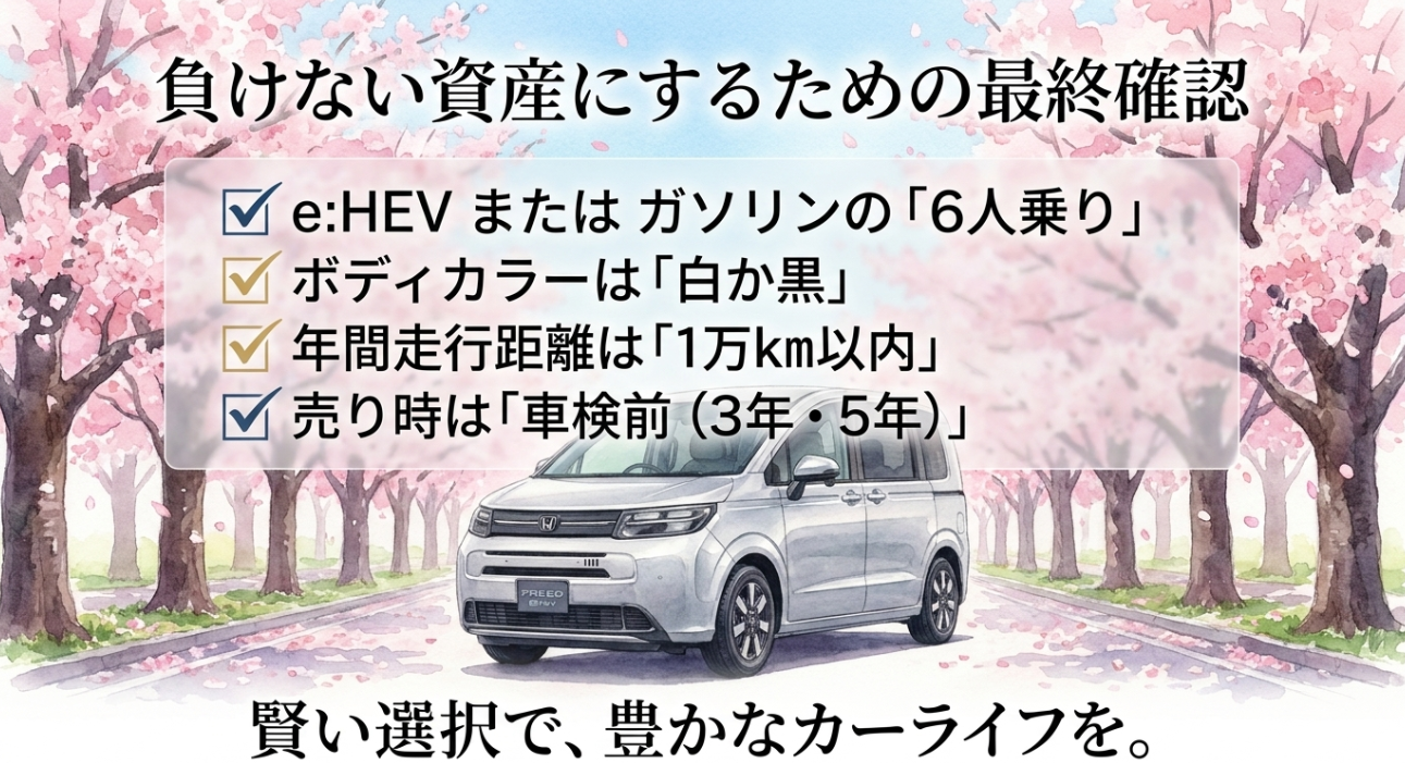 フリードを負けない資産にするための6人乗り白黒年間1万km以内車検前売却の最終確認スライド