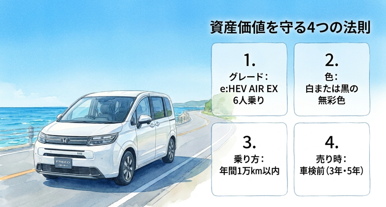 フリードの資産価値を守る4つの法則としてグレード色走行距離売却時期を示したスライド