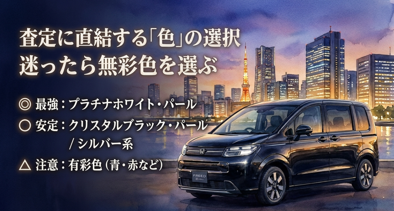 フリードの査定に直結する色選びとして白黒シルバー系が有利で有彩色は注意と示したスライド