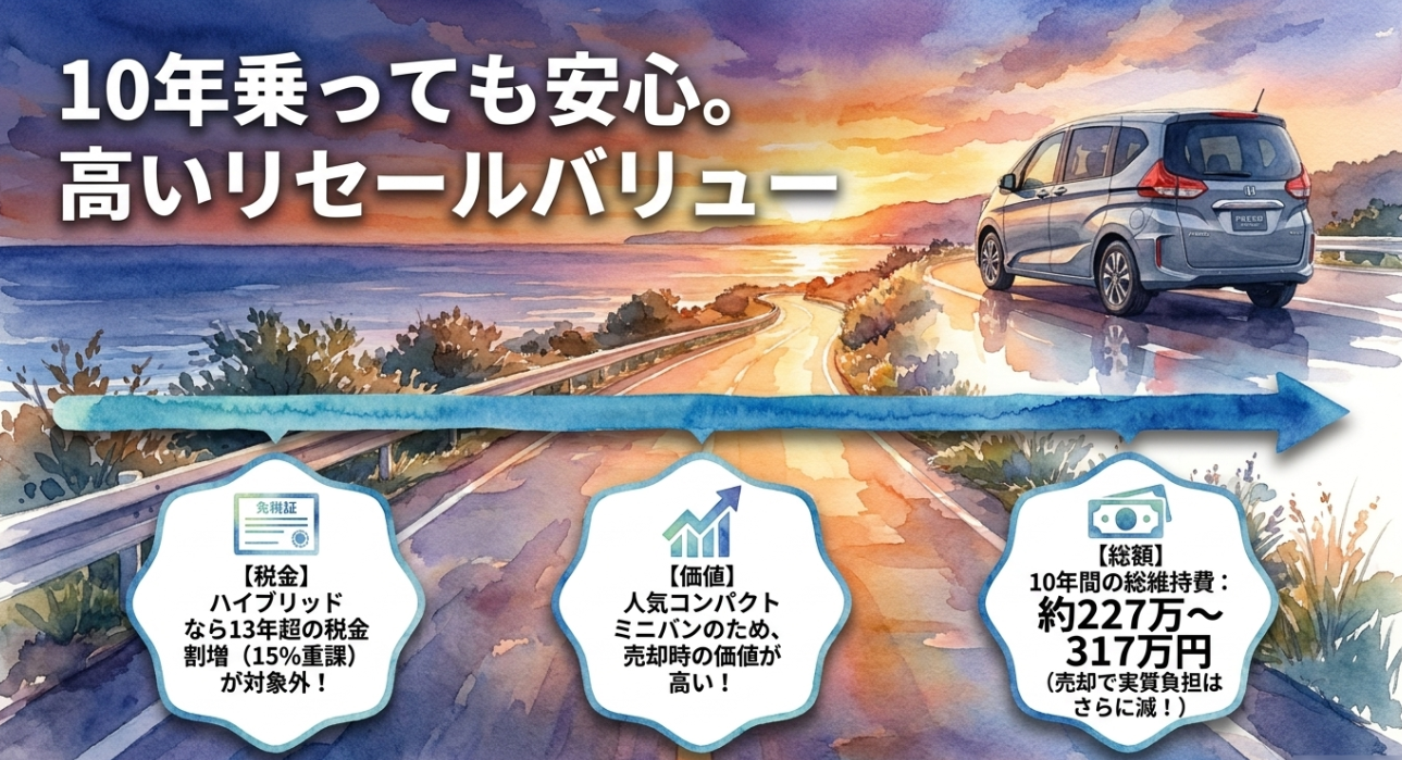 フリードは10年乗ってもリセールバリューが高く実質負担を抑えやすいことを示す画像