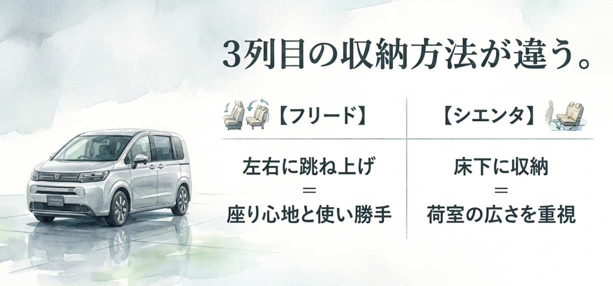 フリードとシエンタの3列目収納方式の違いを比較するスライド。フリードは左右跳ね上げ式、シエンタは床下収納式であることを説明