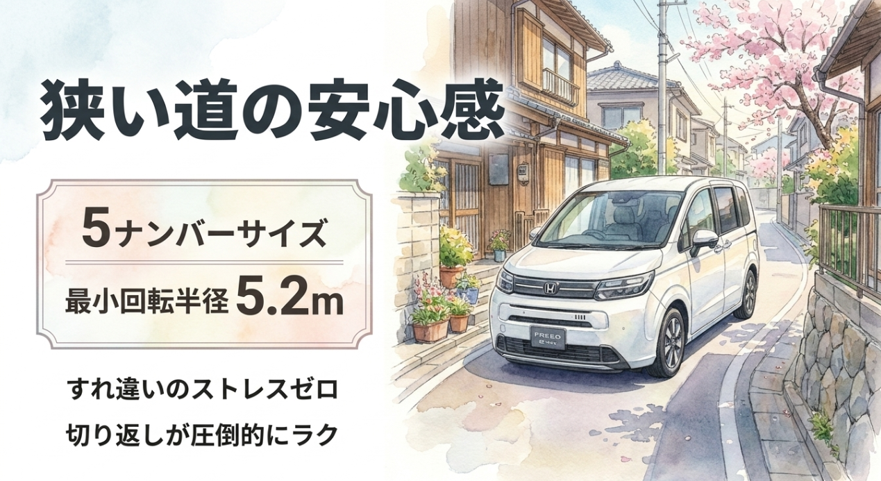 フリードの5ナンバーサイズと最小回転半径5.2mによる狭い道での運転しやすさを示すスライド