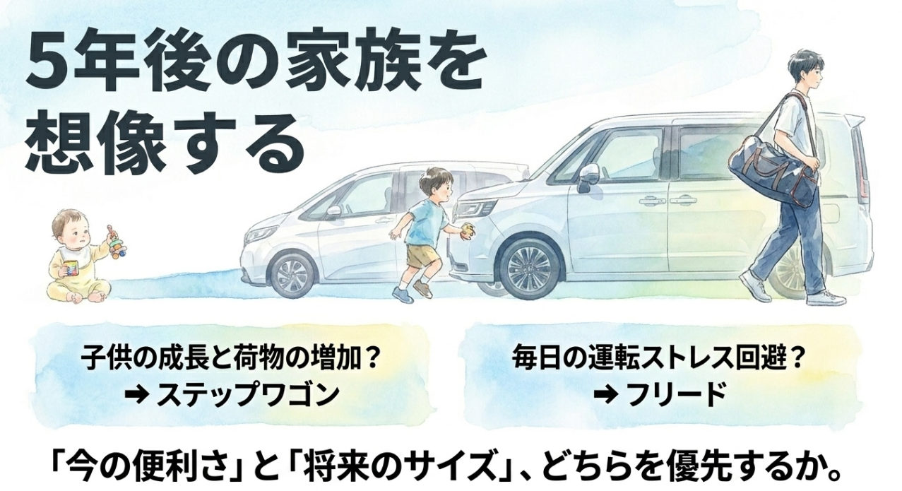 5年後の家族構成や荷物の増加を想定してフリードとステップワゴンを選ぶ視点を示すスライド