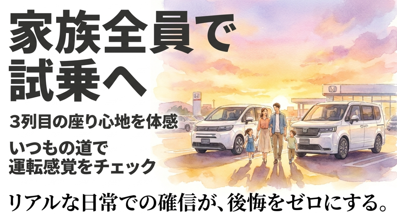家族全員で試乗し3列目の座り心地や日常での運転感覚を確認することを促すスライド