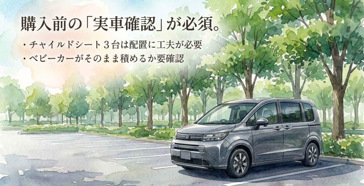 フリード購入前の実車確認の重要性を伝えるスライド。チャイルドシート3台の配置やベビーカーをそのまま積めるかの確認が必要と説明