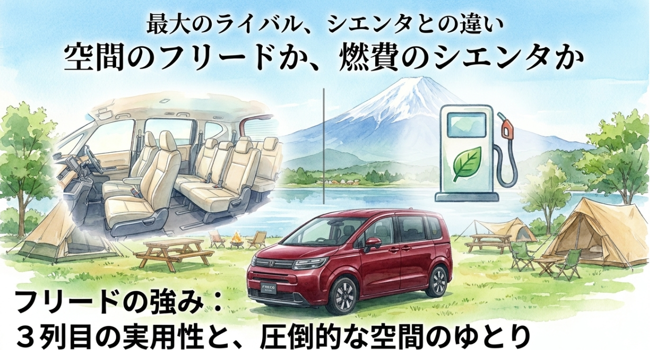 フリードとシエンタの違いとしてフリードの空間や3列目実用性を強調した比較スライド
