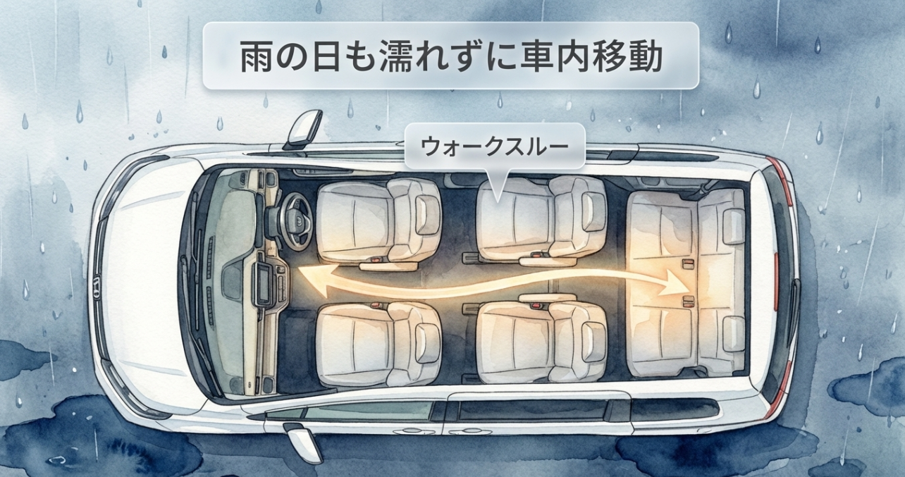 フリードのウォークスルーを説明するスライド。雨の日でも外に出ずに1列目から後席へ移動できる車内動線を上から見た構図で示している