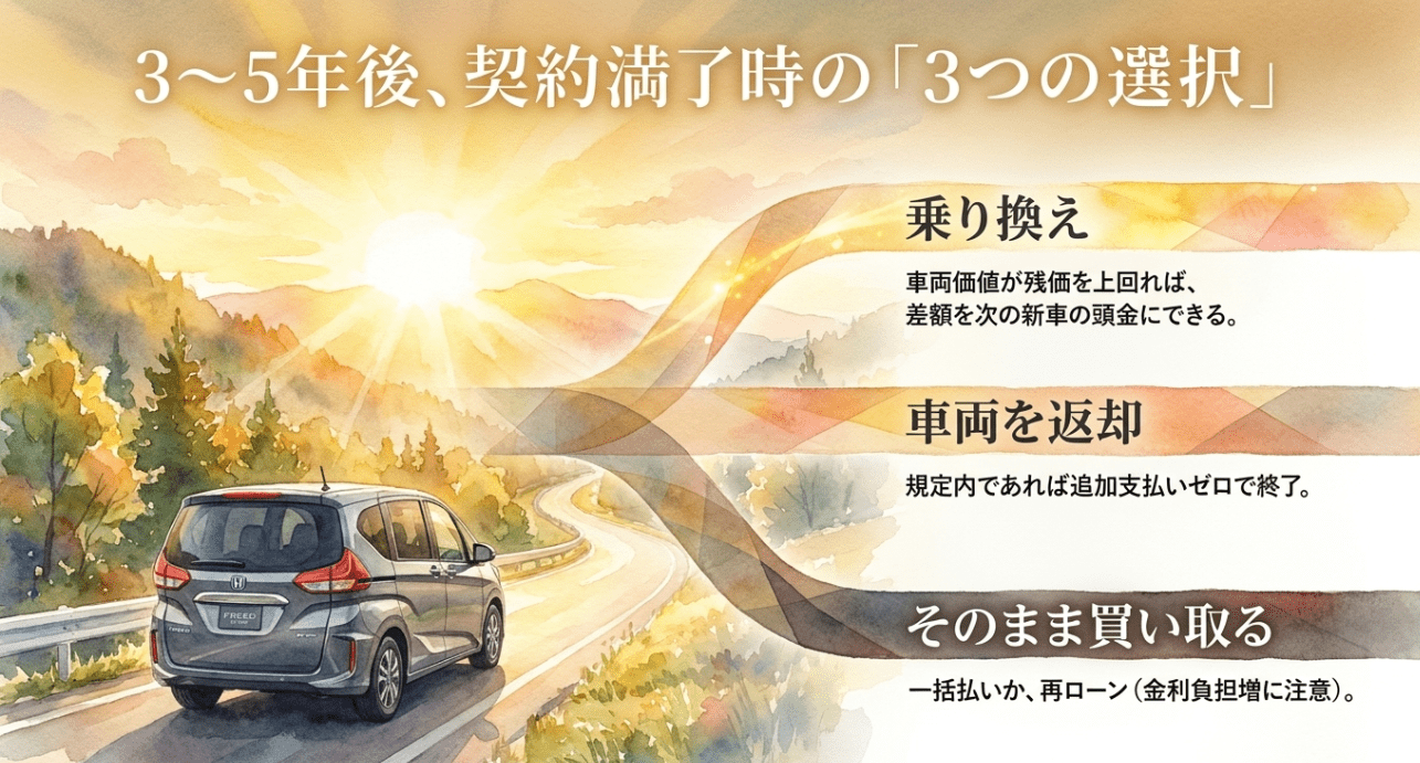 フリード残クレ契約満了時の3つの選択肢。乗り換え、車両返却、そのまま買取の判断ポイント