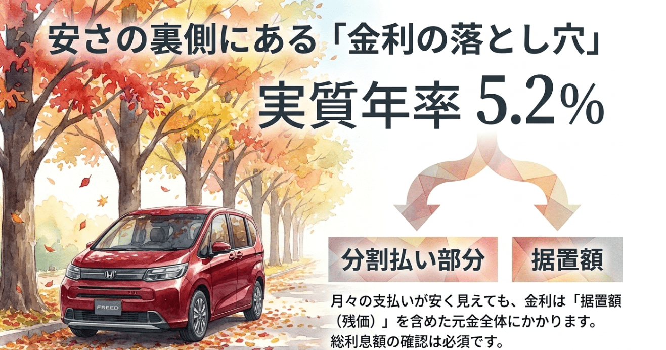 フリード残クレの実質年率5.2％に関する注意点。据置額を含む元金全体に金利がかかることを解説