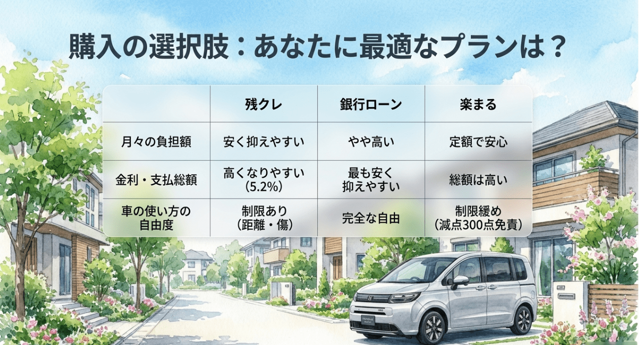 フリードの購入方法を残クレ、銀行ローン、楽まるで比較。月々の負担額、金利と総支払額、車の使い方の自由度を整理