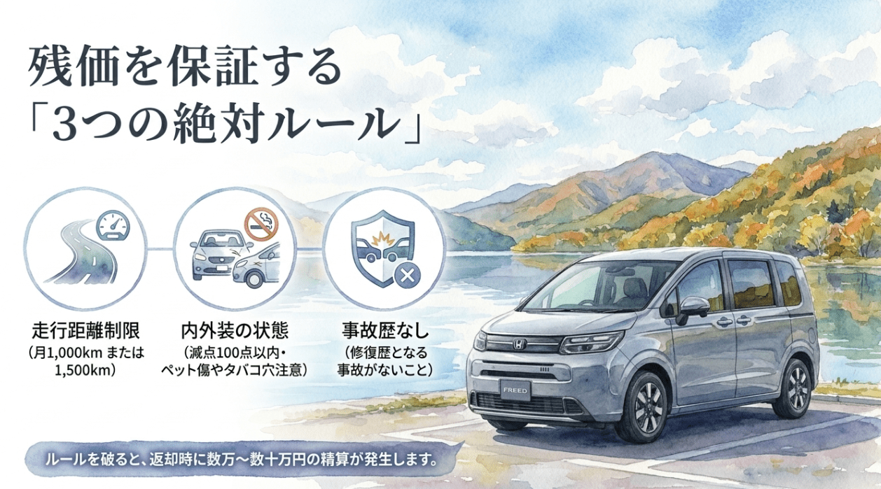 フリードの残価を保証するための3つのルール。走行距離制限、内外装の状態、事故歴なしが重要